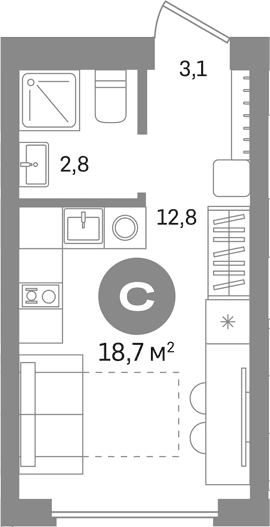 Планировка: Студия 18,7 м² в ЖК «Первый квартал. Вторая очередь»