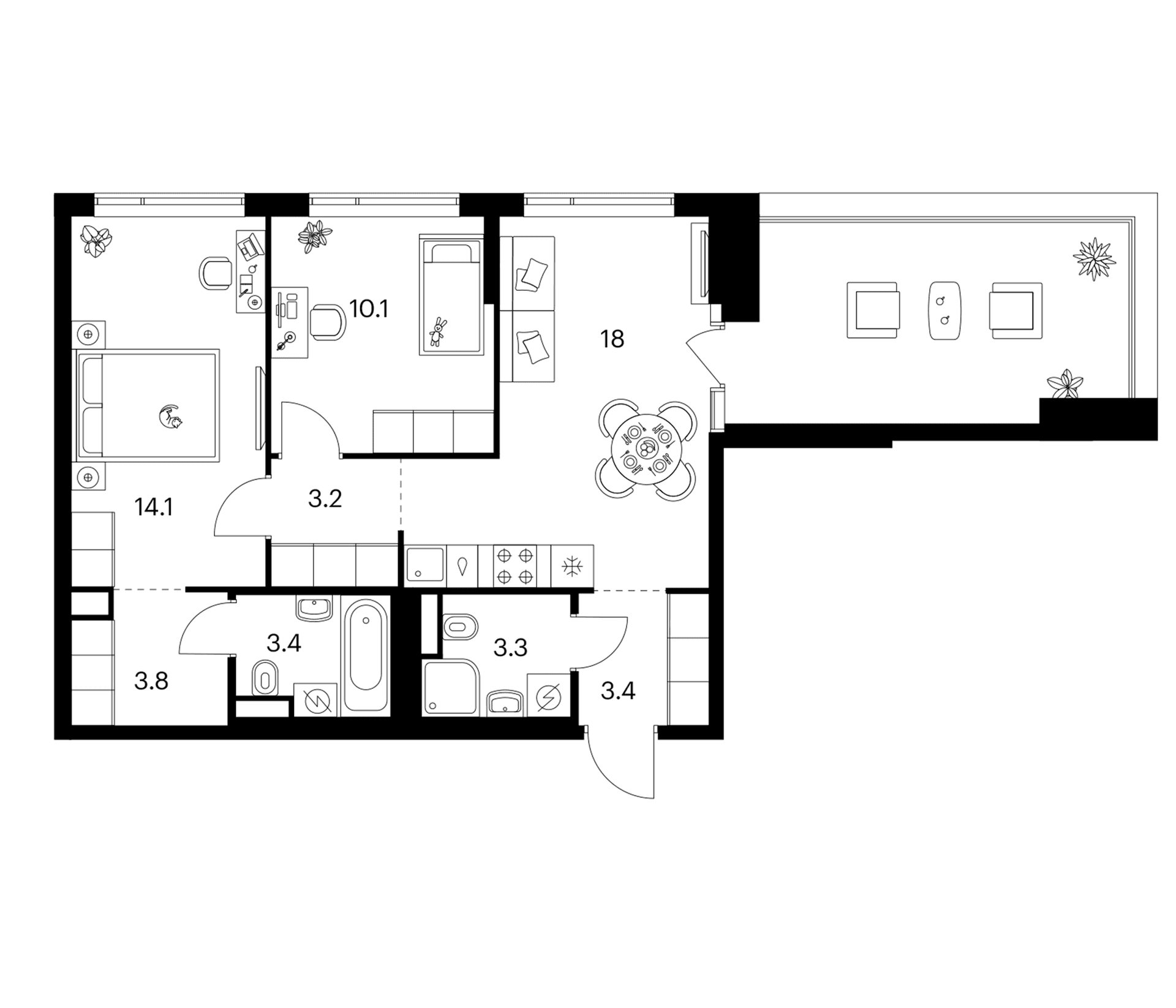 Планировка: 2-комнатная квартира 58,9 м² в ЖК «Бунинская набережная»