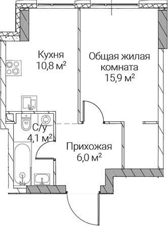 Планировка: 1-комнатная квартира 36,8 м² в ЖК «СЕЗАР СИЛИКА»