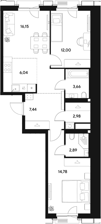 Планировка: Евротрёшка 65,9 м² в ЖК «ЭВО»