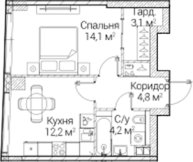 Планировка: 1-комнатная квартира 38,5 м² в ЖК «СЕЗАР БУДУЩЕЕ»