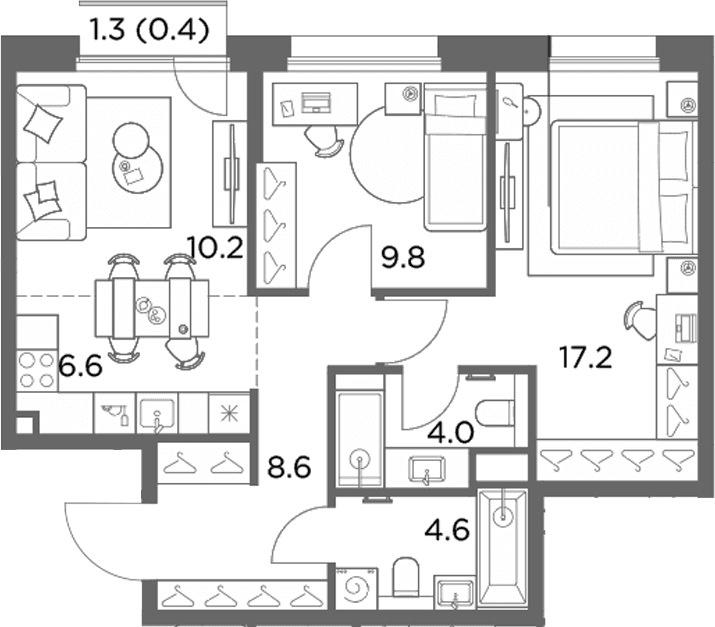 Планировка: Евротрёшка 61 м² в ЖК «Станиславский»