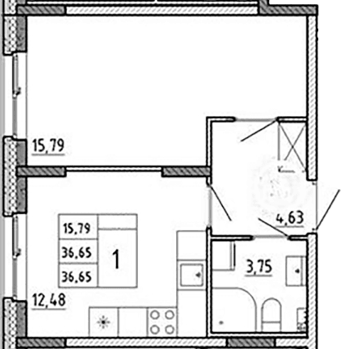Планировка: 1-комнатная квартира 36,7 м² в ЖК «Аннино Сити»