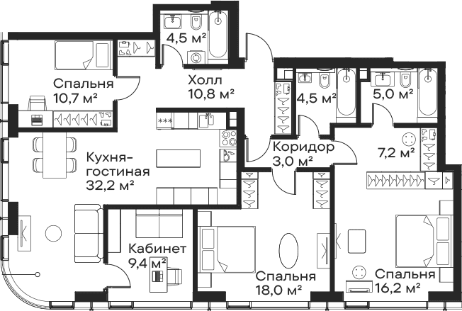 Планировка: Квартира евро-5 121,5 м² в ЖК «Сити Бэй»
