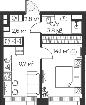 Планировка: 1-комнатная квартира 34 м² в ЖК «Веер»