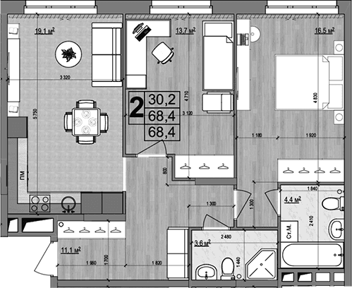 Планировка: Евротрёшка 68,4 м² в ЖК «Гранд Комфорт 2»