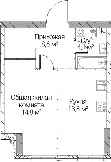 Планировка: 1-комнатная квартира 41,3 м² в ЖК «СЕЗАР СИЛИКА»