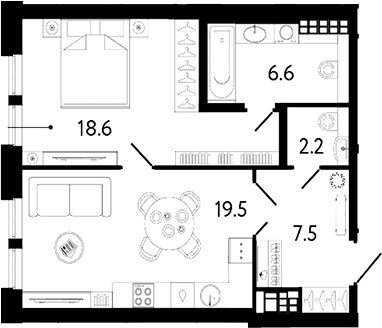 Планировка: Евродвушка 54,4 м² в ЖК «Коллекционер»