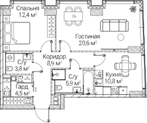 Планировка: 2-комнатная квартира 66,8 м² в ЖК «СЕЗАР БУДУЩЕЕ»