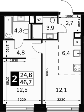 Планировка: Евродвушка 46,7 м² в ЖК «Амбер Сити»