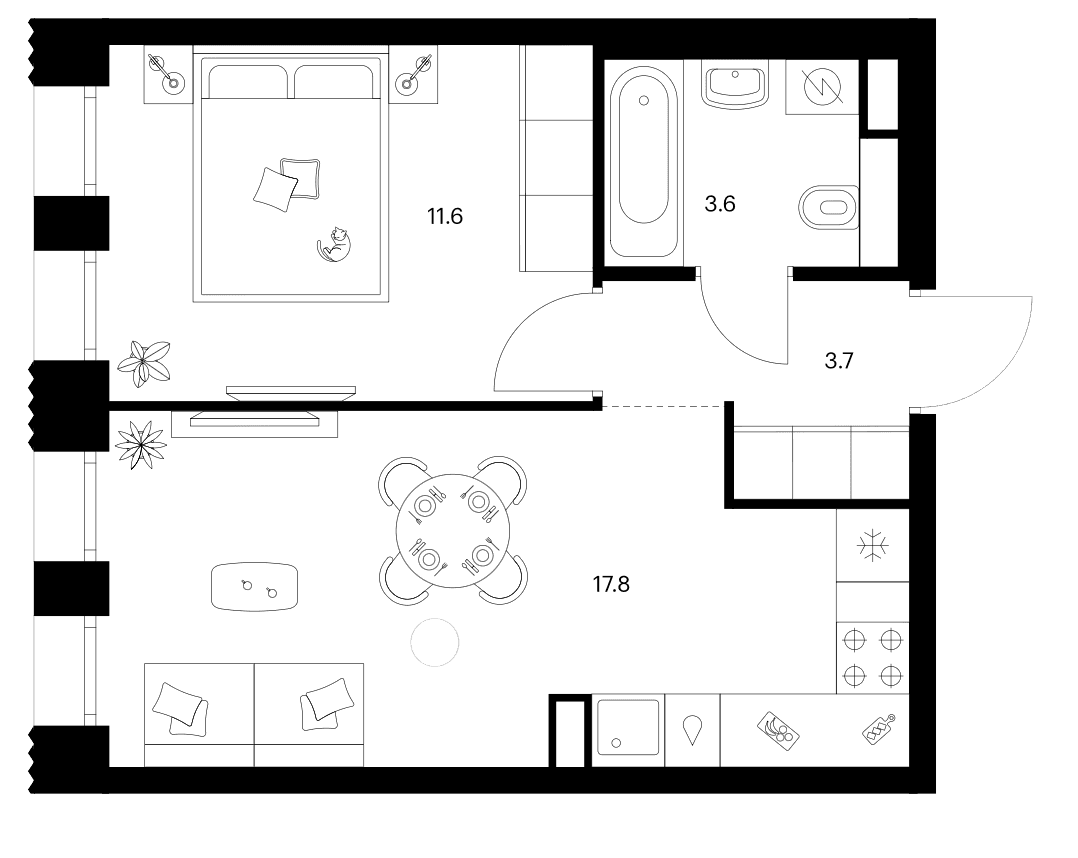 Планировка: 1-комнатная квартира 36,7 м² в ЖК «Строгино 360»
