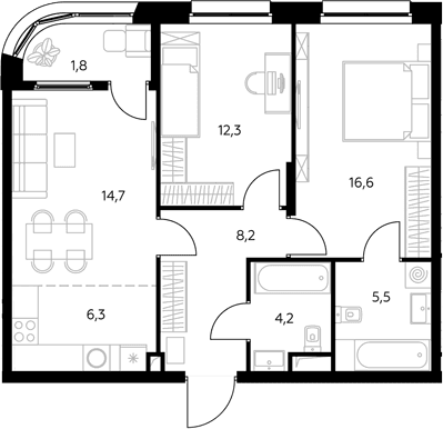 Планировка: Евротрёшка 67,5 м² в ЖК «Адмирал»