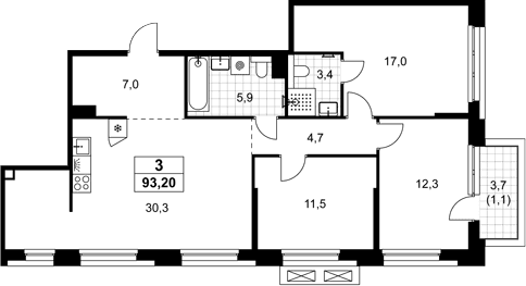 Планировка: Квартира евро-4 92,1 м² в ЖК «Хольм»