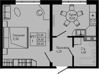Планировка: 1-комнатная квартира 39,8 м² в ЖК «PIXEL»
