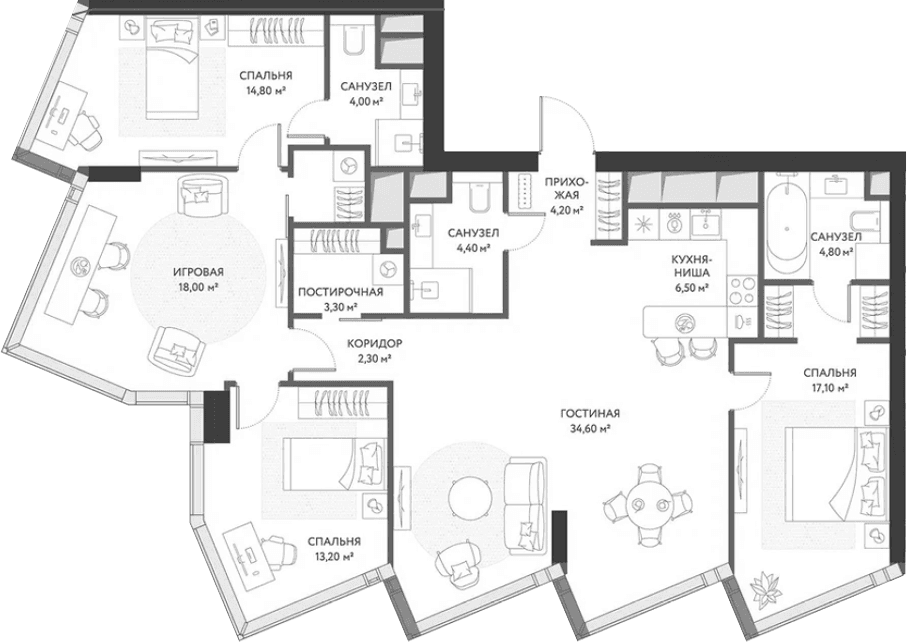 Планировка: Квартира евро-5 129,1 м² в ЖК «ХАЙДАУТ»