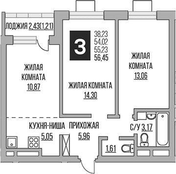 Планировка: Евротрёшка 54 м² в ЖК «Гранель Ильинойс»