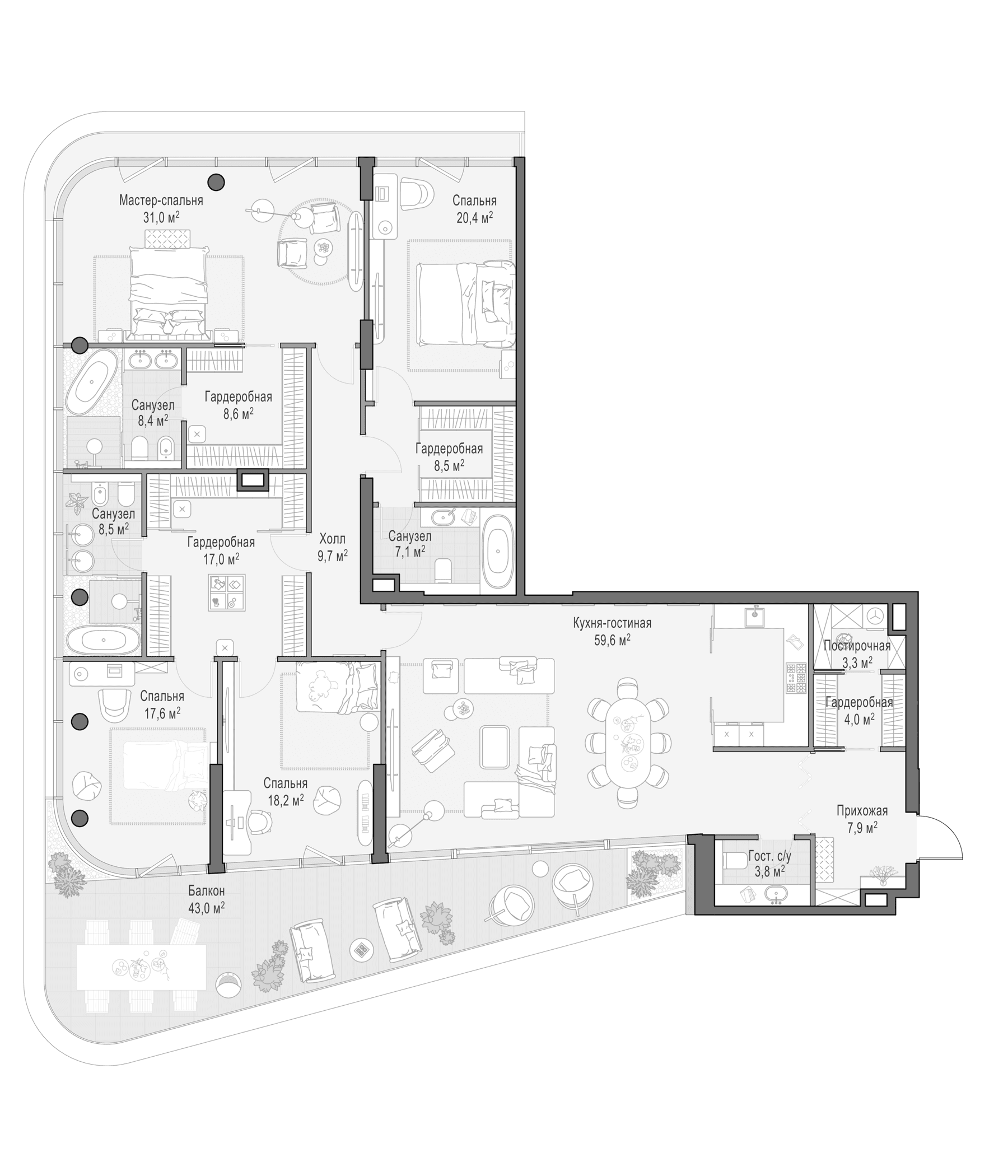 Планировка: Квартира евро-5 240,8 м² в ЖК «Дом Палашевский 11»