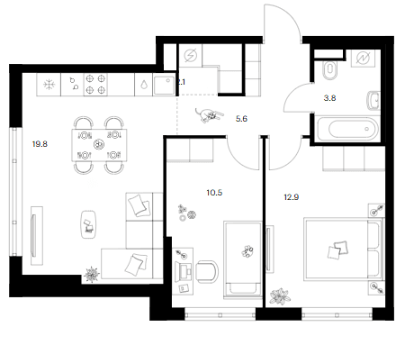 Планировка: 2-комнатная квартира 54,7 м² в ЖК «Москворечье»