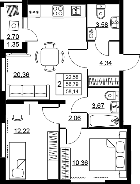 Планировка: Евротрёшка 56,8 м² в ЖК «Высота. Новодевяткино»