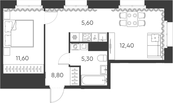 Планировка: Евродвушка 43,7 м² в ЖК «Моисеенко, 10»