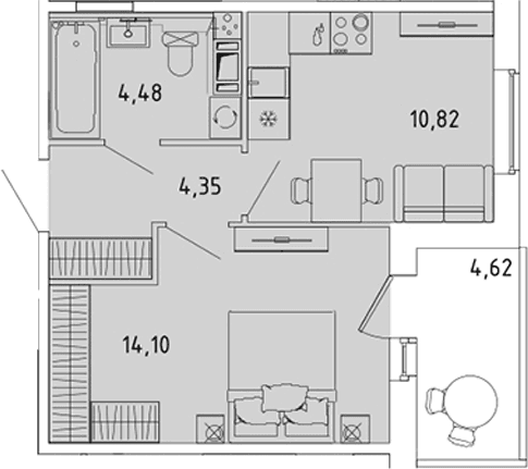 Планировка: 1-комнатная квартира 33,8 м² в ЖК «Ю Гатчина»