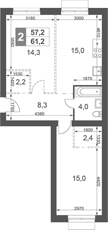 Планировка: 2-комнатная квартира 61,2 м² в ЖК «Дубровицы Клаб»