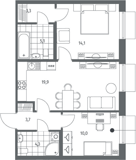 Планировка: Евротрёшка 60,4 м² в ЖК «Парусная 1»