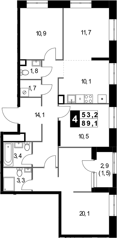 Планировка: Квартира евро-4 87,6 м² в ЖК «1-й Измайловский»