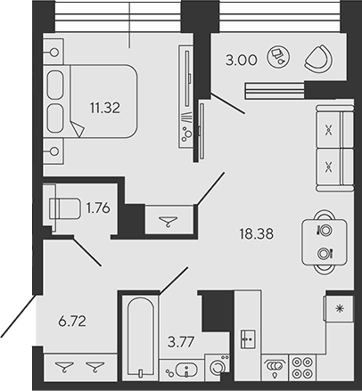 Планировка: Евродвушка 42 м² в ЖК «BASHNI ELEMENT»