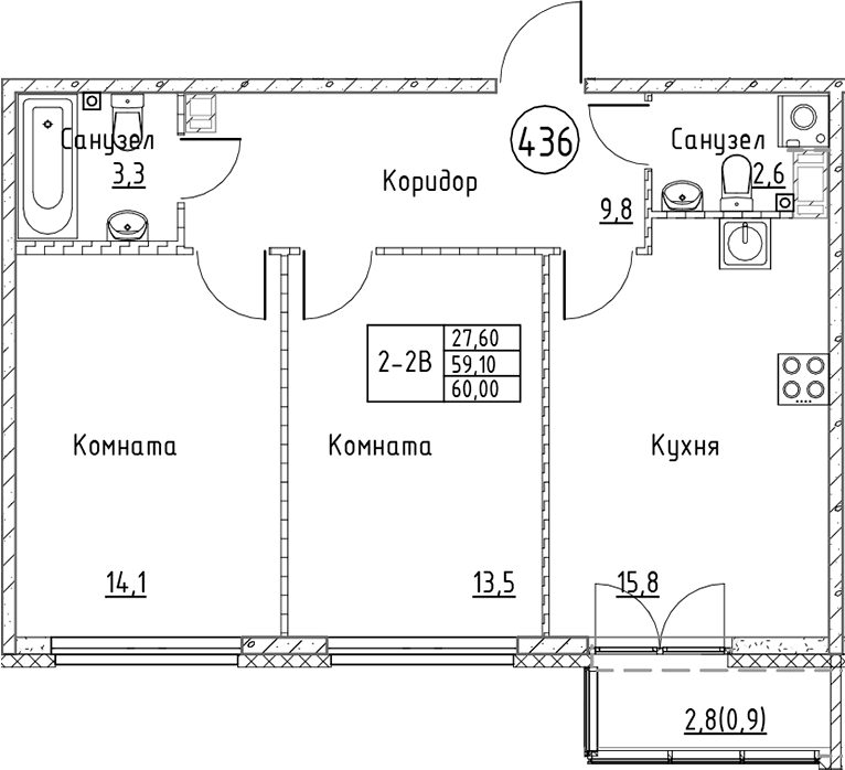 Планировка: Евротрёшка 59,1 м² в ЖК «Кронунг Юг»