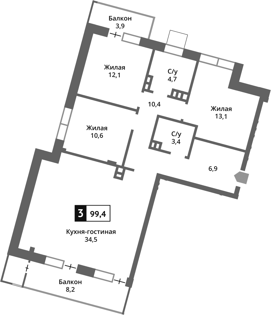 Планировка: Квартира евро-4 95,8 м² в ЖК «Отрада на реке»