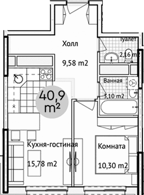 Планировка: Евродвушка 44,5 м² в ЖК «Адрес»