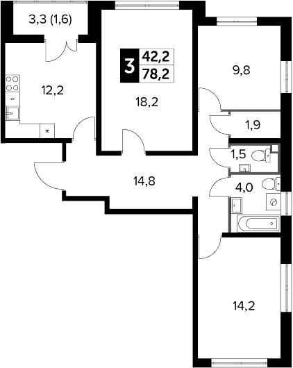 Планировка: 3-комнатная квартира 76,6 м² в ЖК «Южная Битца»