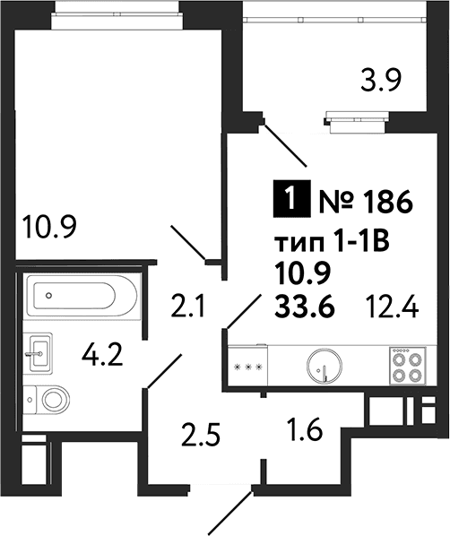 Планировка: 1-комнатная квартира 33,6 м² в ЖК «Литера»