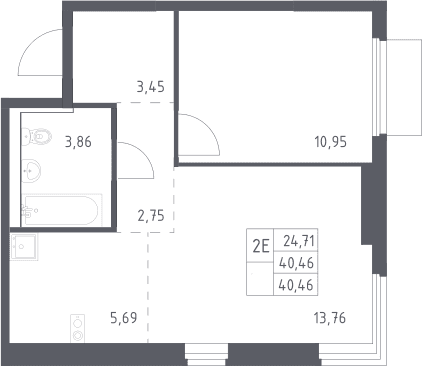 Планировка: Евродвушка 40,5 м² в ЖК «Пригород Лесное»