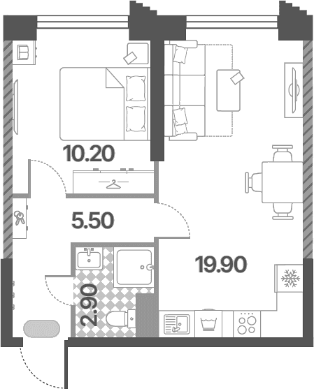 Планировка: Евродвушка 38,5 м² в ЖК «Обручева 30»