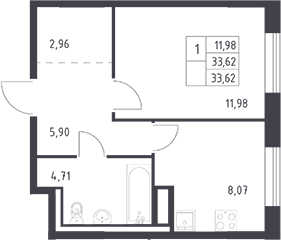 Планировка: 1-комнатная квартира 33,6 м² в ЖК «Квартал Лаголово»