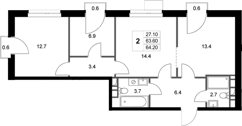 Планировка: 2-комнатная квартира 63,6 м² в ЖК «Легенда Марусино»