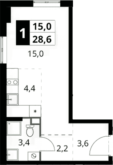 Планировка: Студия 28,6 м² в ЖК «1-й Шереметьевский»