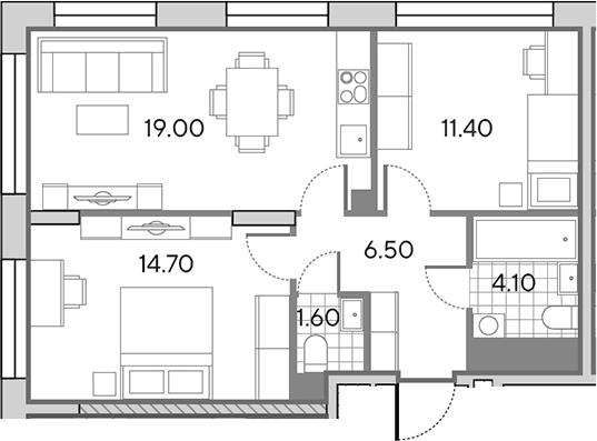 Планировка: Евротрёшка 57,3 м² в ЖК «Вейв»