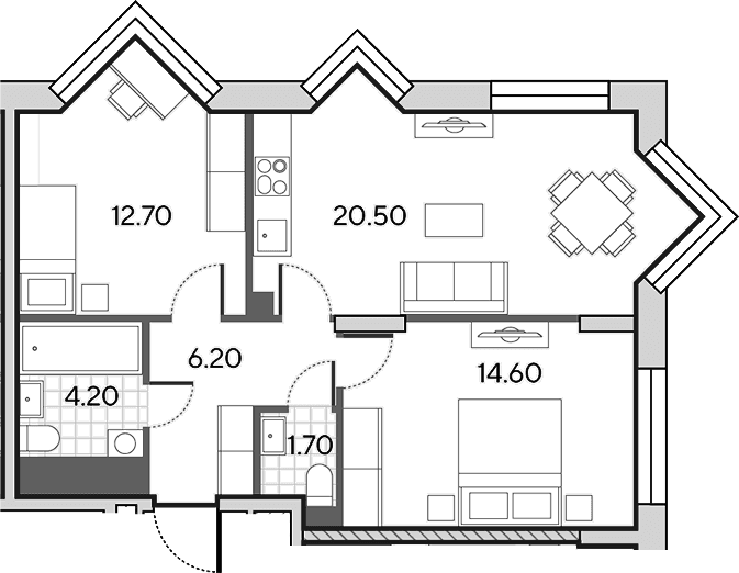Планировка: Евротрёшка 59,9 м² в ЖК «Вейв»