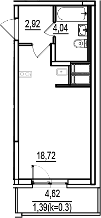Планировка: Студия 25,7 м² в ЖК «ИСКРА-Сити»