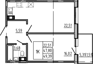 Планировка: Евродвушка 47,8 м² в ЖК «Bereg. Курортный»