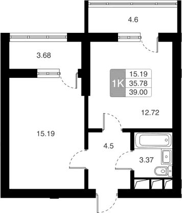 Планировка: 1-комнатная квартира 35,8 м² в ЖК «Химки Тайм»