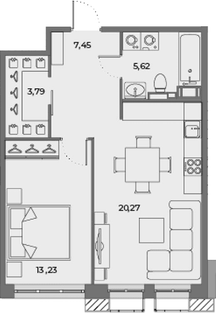Планировка: Евродвушка 49,7 м² в ЖК «Взлетная 16»