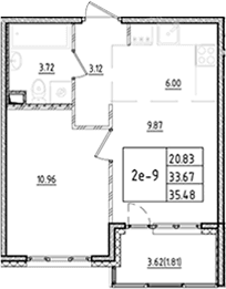 Планировка: Евродвушка 33,7 м² в ЖК «ЛесАрт»