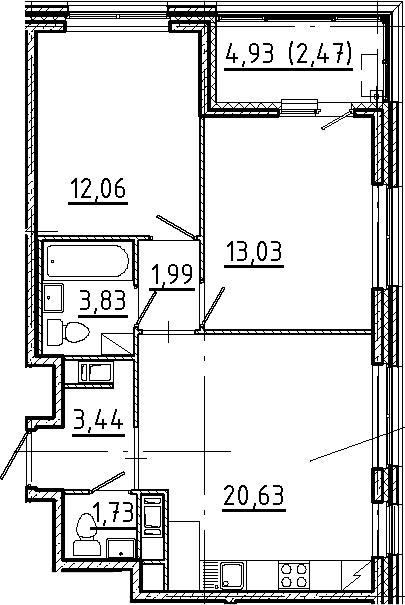Планировка: Евротрёшка 56,7 м² в ЖК «Новгородская 8»