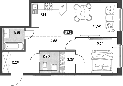 Планировка: Евродвушка 47,3 м² в ЖК «Космопарк»