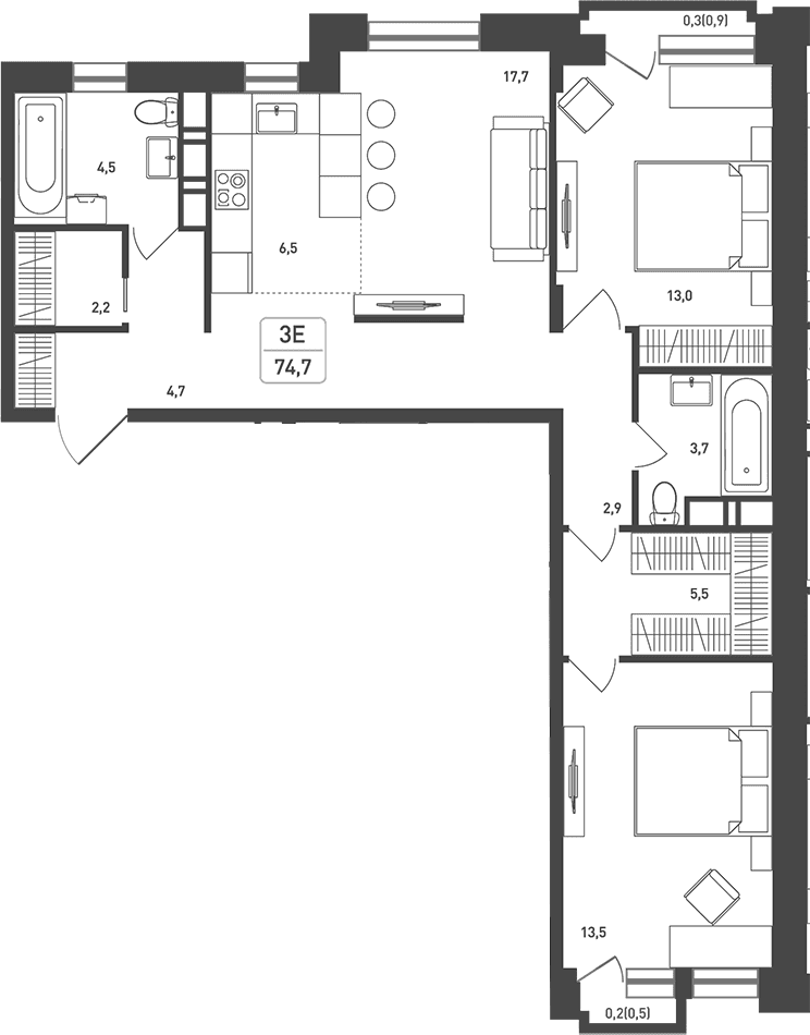 Планировка: Евротрёшка 77,1 м² в ЖК «Новая Щербинка»