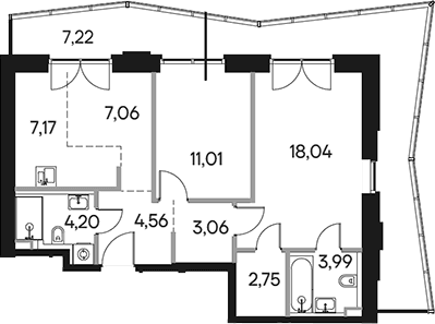 Планировка: Евротрёшка 63,6 м² в ЖК «Селигер Сити»